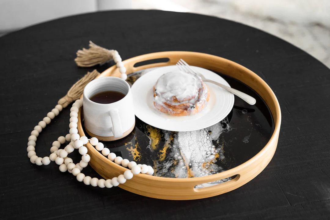 Bamboo Round Serving Tray-Black White Gold