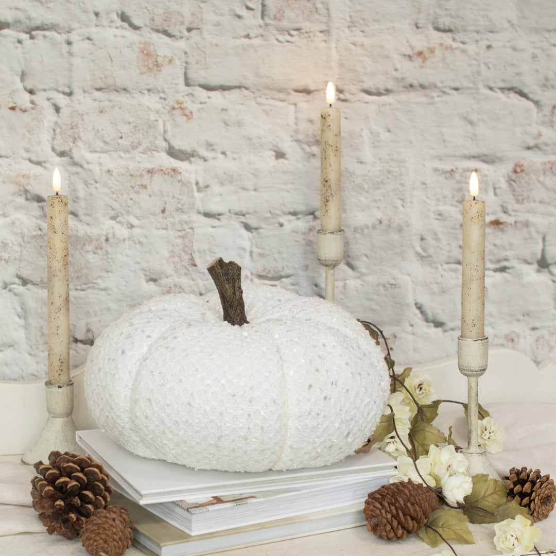 7.5"Cream Loop Stitch Fabric Pumpkin w Faux wood stem