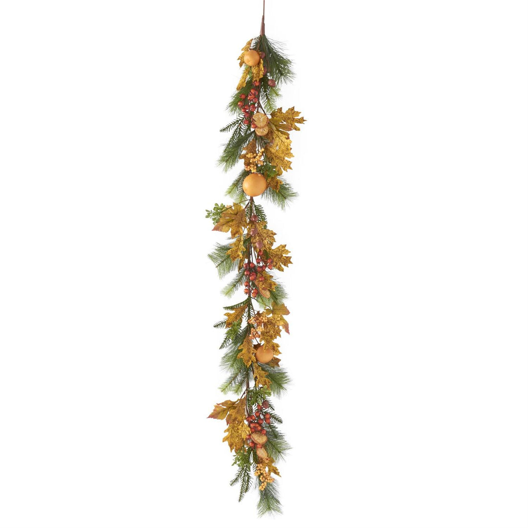 Pine Oak & Maple Leave Garland-72" Oranges Acorns & Rosehips