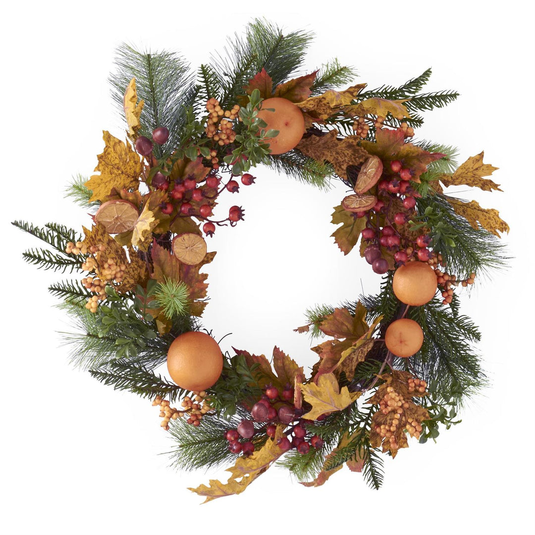 Pine Oak & Maple Leaves Wreath w oranges