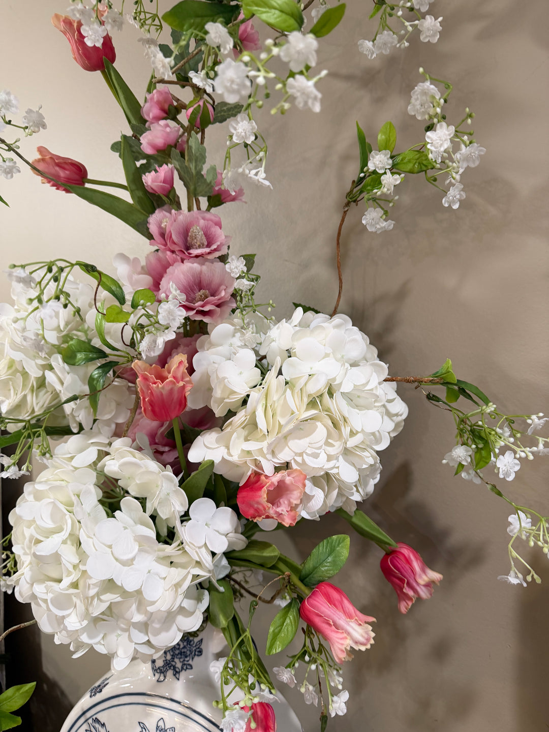 Hollyhock Chinoiserie Vase with White Hydrangea - 38" H x 14" W x 7" D