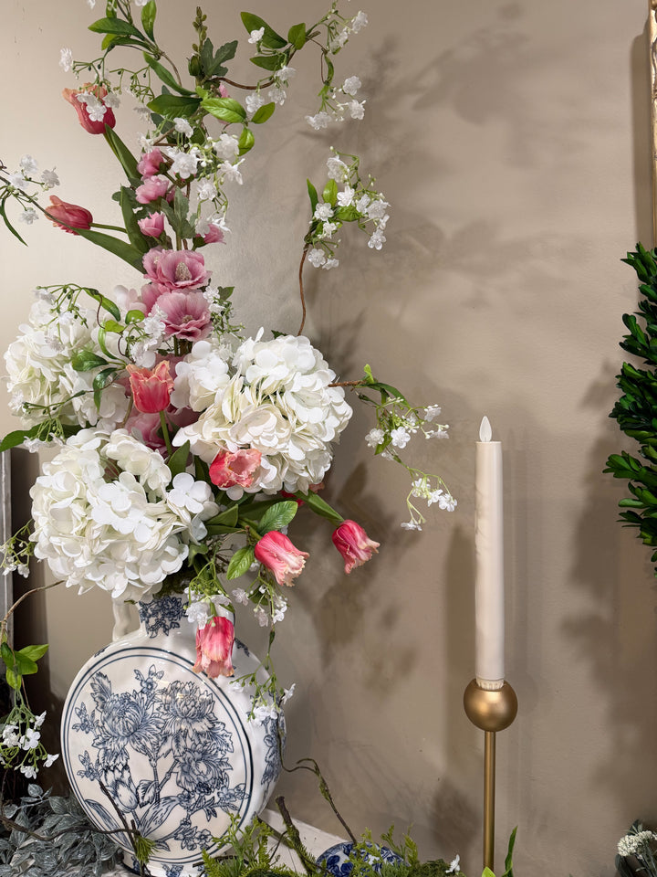 Hollyhock Chinoiserie Vase with White Hydrangea - 38" H x 14" W x 7" D