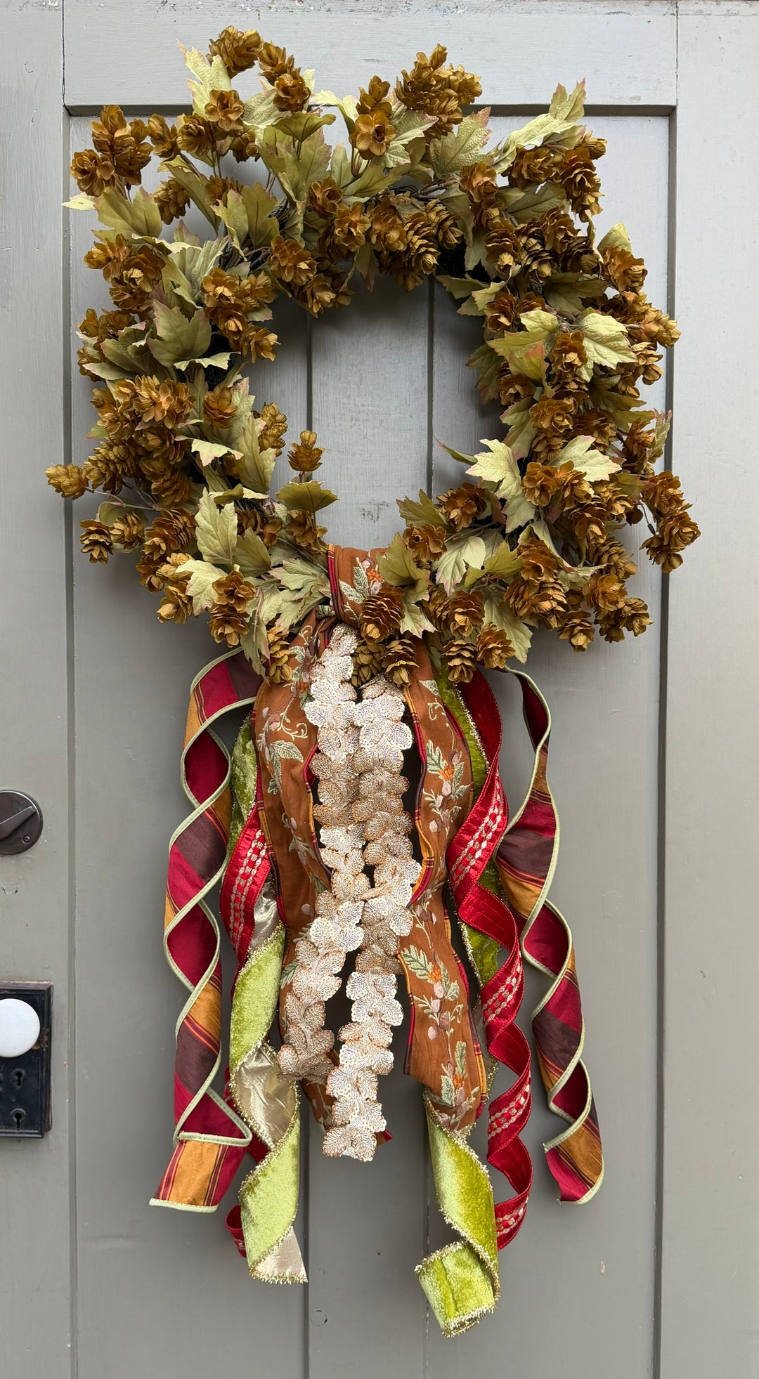 Fall Hops Wreath w JME Acorn Multi Sash Ribbon - 22"W- 43" L