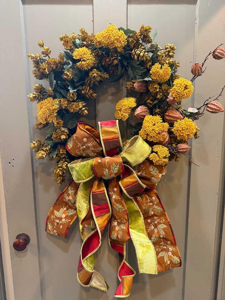 Hops Yarrow Nut Wreath -Custom Bow- Dk Green Leaf - 24"