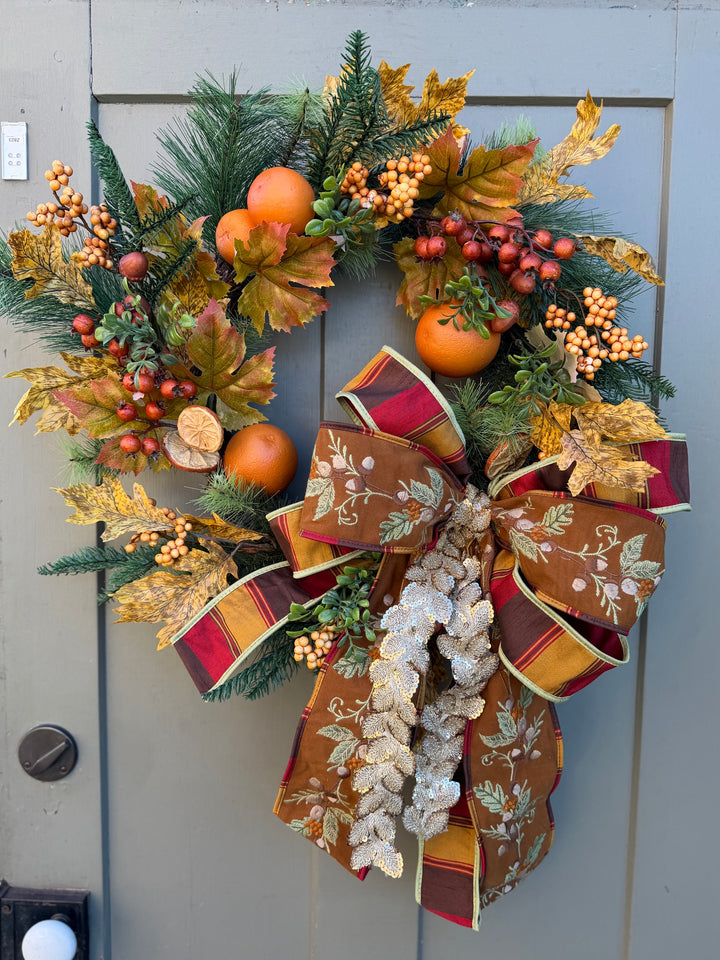 Maple Leaves Wreath w oranges - JME Bow -24"W