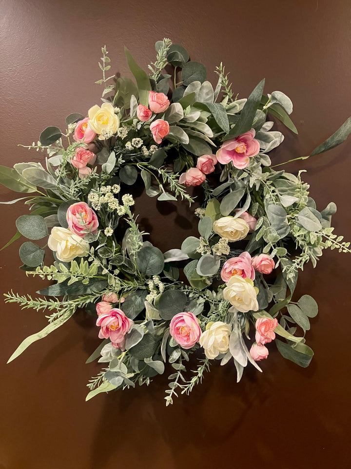 Ranunculus Wreath - 24" -pink & cream