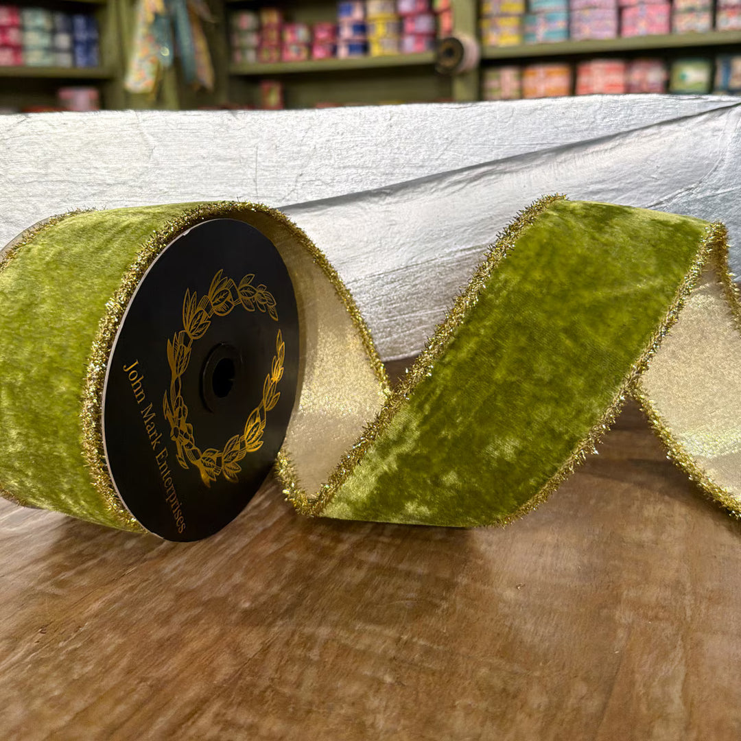 JME Ribbon - Apple Velvet Metallic Dupion w Tinsel Edge - Green - 2.5" x 10yds