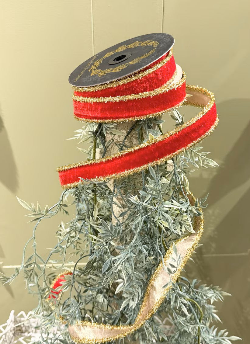JME Ribbon - Red Velvet Dubion Gold Tinsel Edge - 1" x 10yd