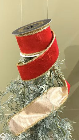 JME Ribbon - Red Velvet Metallic Dupion Gold Tinsel Edge - 2.5"x10yd