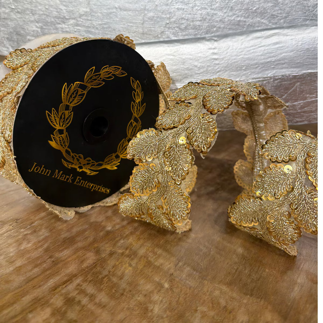 JME Ribbon - Sequin Leaf  Metallic Dupion -  Gold Platinum- 1" x 5yds