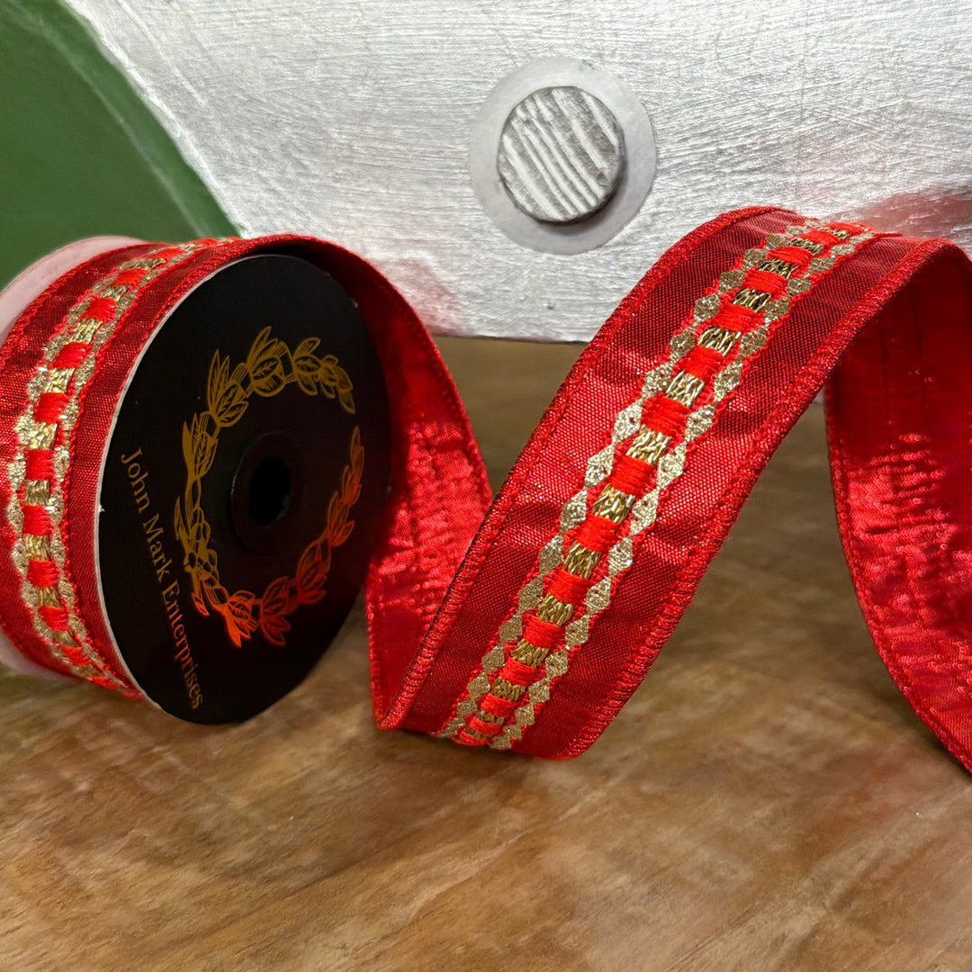 JME Ribbon - Red Trim Metallic Dupion -Red Gold - 1.5" x 5yd