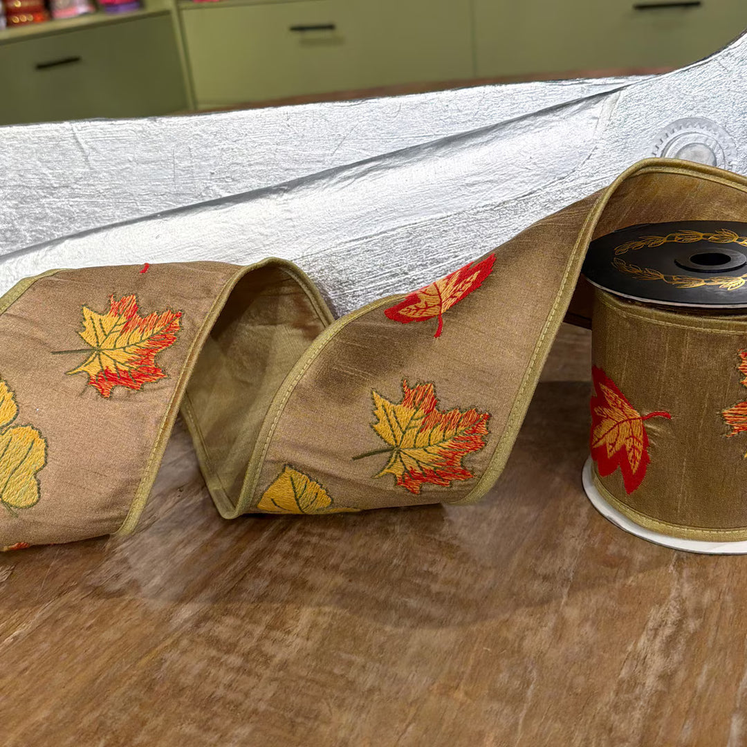 JME Ribbon - Fall Leaves Emb Dupion - 4"x5yd