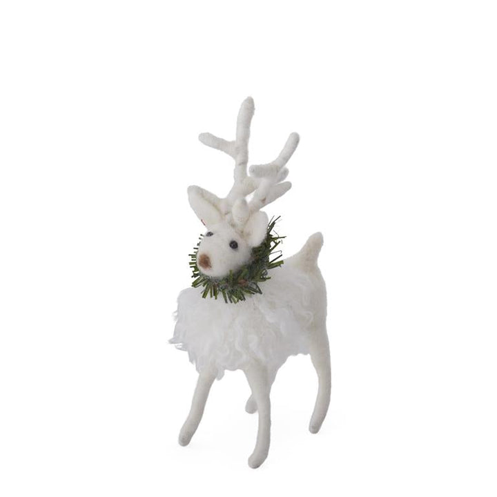 White Wool Deer w Pine Wreath - 7.5"