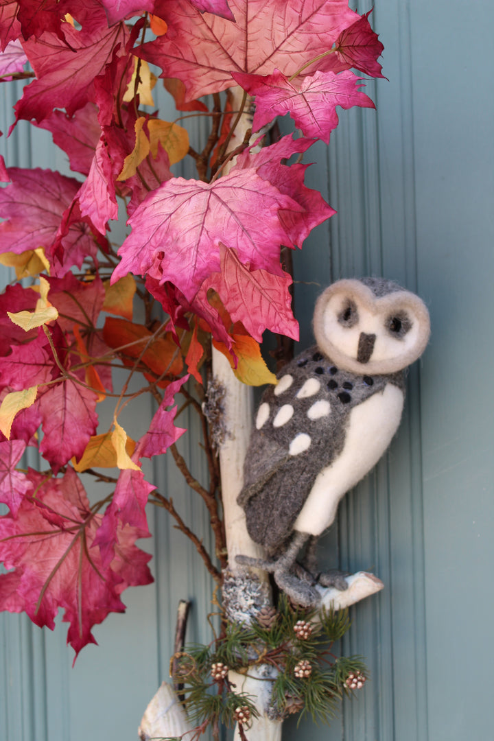 Owl Perched on Birch in Maple Leaves Wall/Door