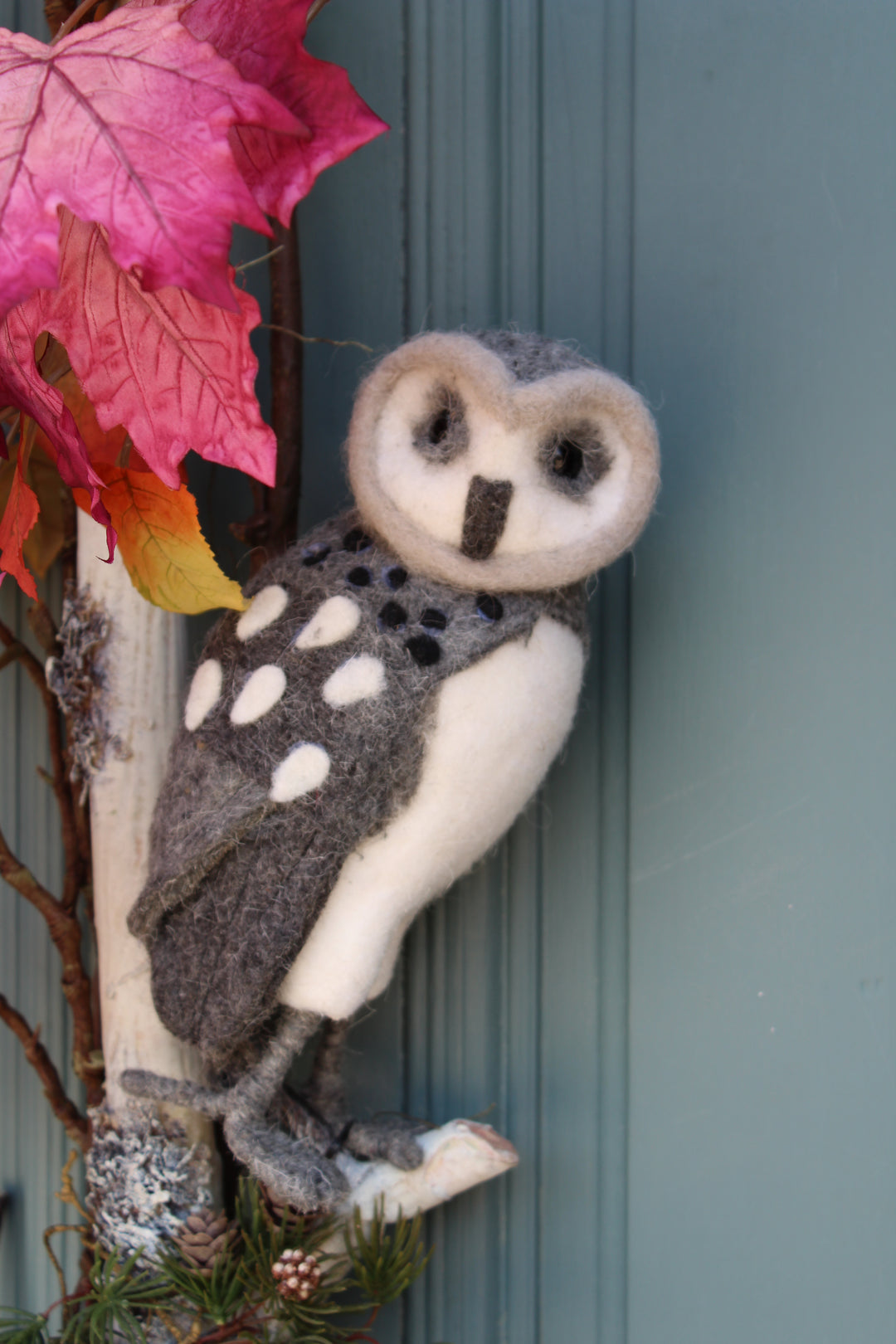 Owl Perched on Birch in Maple Leaves Wall/Door