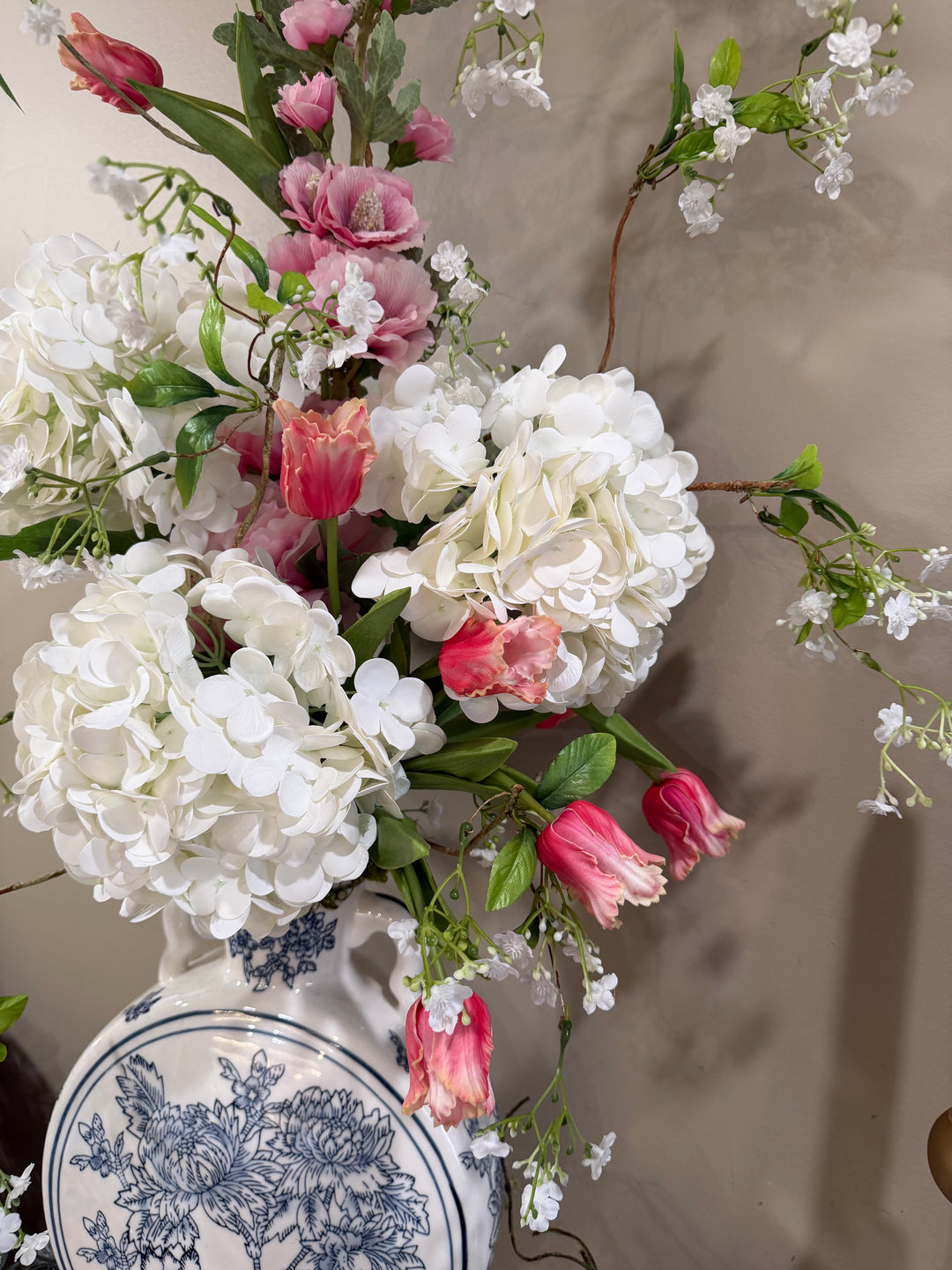 Hollyhock Chinoiserie Vase with White Hydrangea - 38" H x 14" W x 7" D